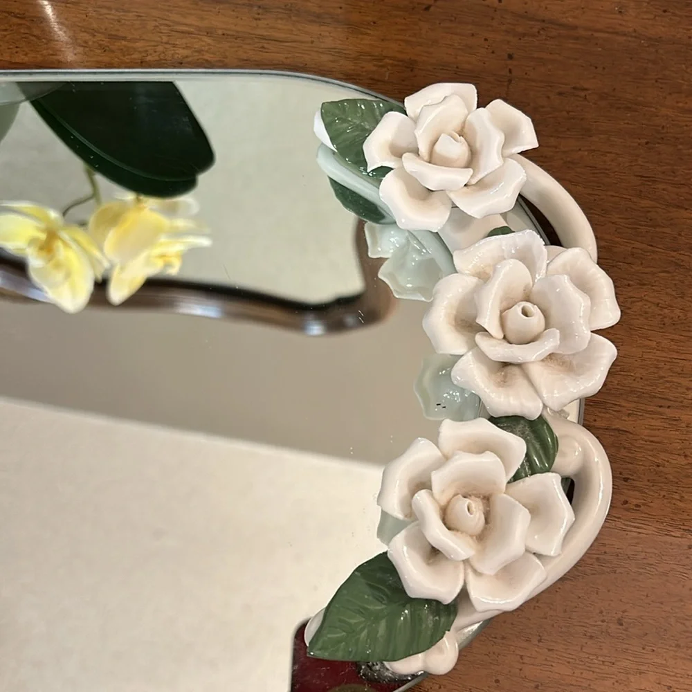 Vintage white floral mirrored tray